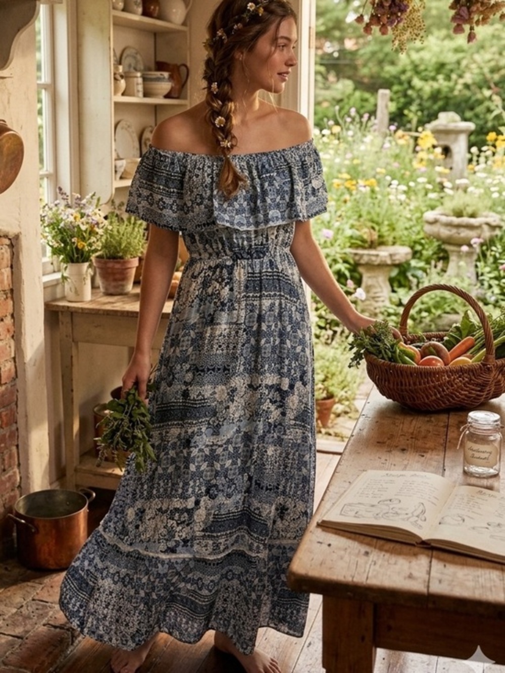 Mi Ami Off Shoulder Blue + White Printed Maxi Dress Cottagecore Boho Chic Large